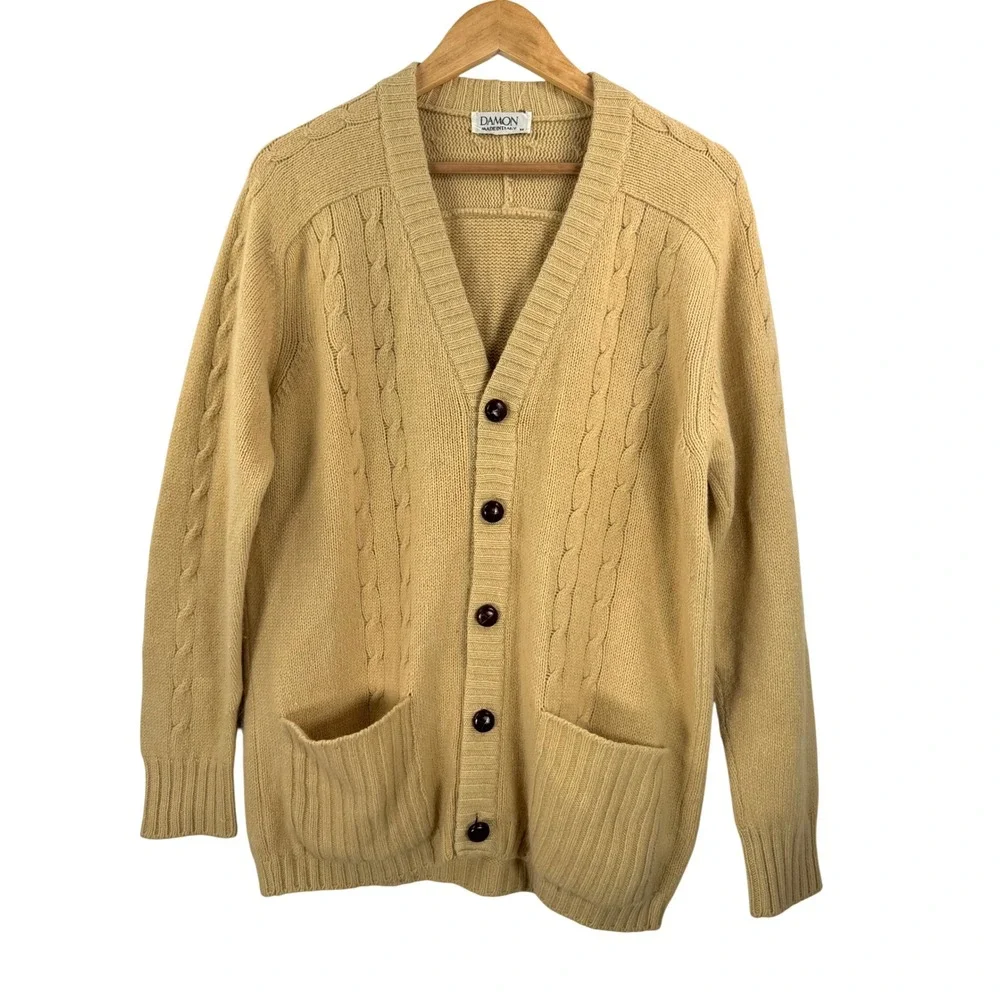 VTG Damon Cardigan sz M Wool Angora Blend Cable Knit Made in Italy preppy